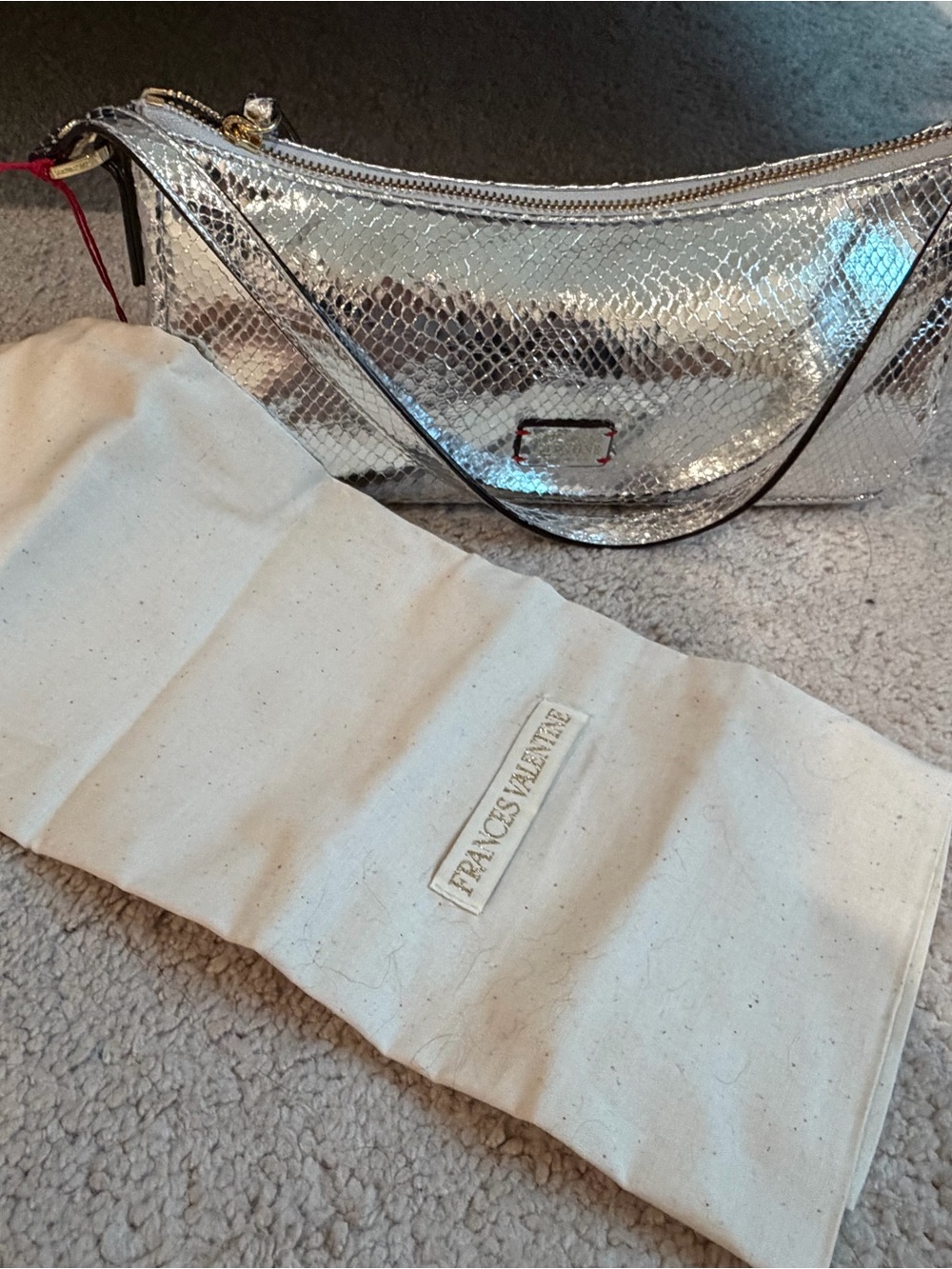 Frances Valentine Metallic Silver Snake-Embossed Shoulder Clutch